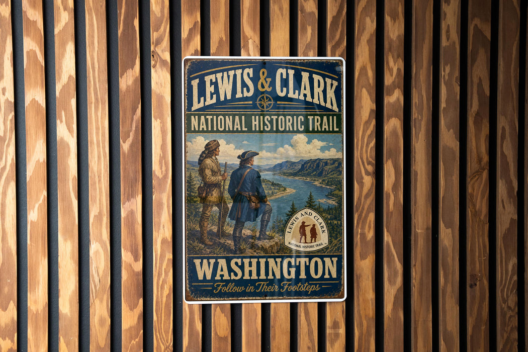 A vintage-style metal sign for the Lewis and Clark National Historic Trail in Washington, featuring an illustration of two men in historical attire and a scenic landscape.