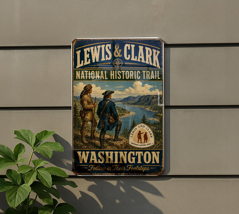 A vintage-style metal sign for the Lewis and Clark National Historic Trail in Washington, featuring a historical illustration of two men exploring the trail.