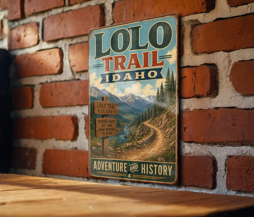 A vintage-style metal sign for the Loveland Trail in Idaho, featuring a scenic mountain landscape and trail information.