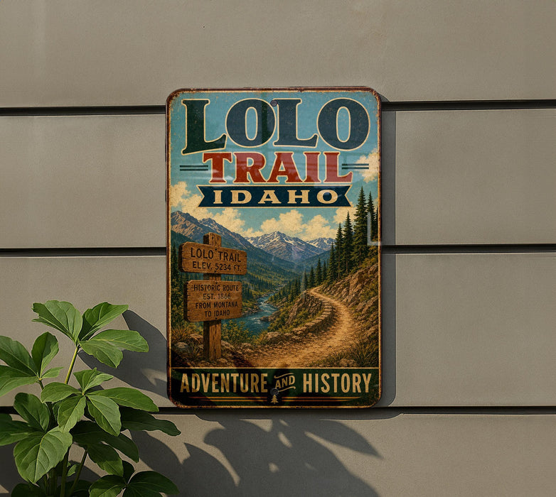 A vintage-style metal sign for the Lolo Trail in Idaho, featuring a scenic mountain landscape with a winding trail and a sign indicating the trail's name.