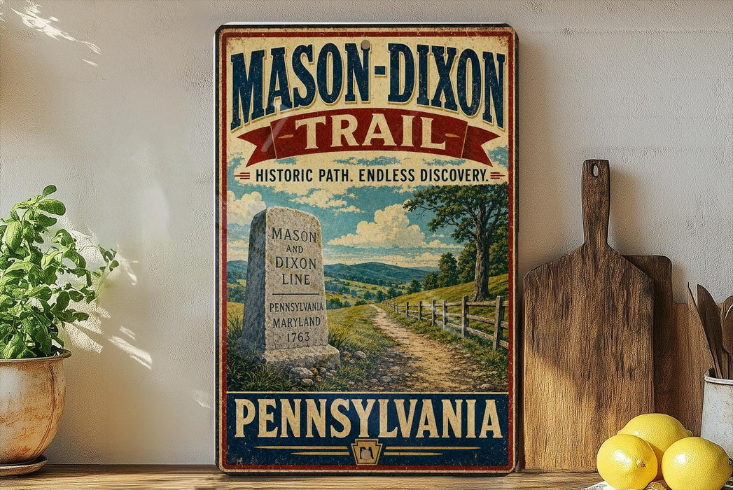 A vintage-style metal sign for the Mason-Dixon Trail in Pennsylvania, featuring a scenic illustration of a dirt path leading through a rural landscape with a monument and a wooden fence.