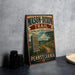 A vintage-style metal sign for the Mason-Dixon Trail in Pennsylvania, featuring a scenic landscape with a dirt path and a monument.