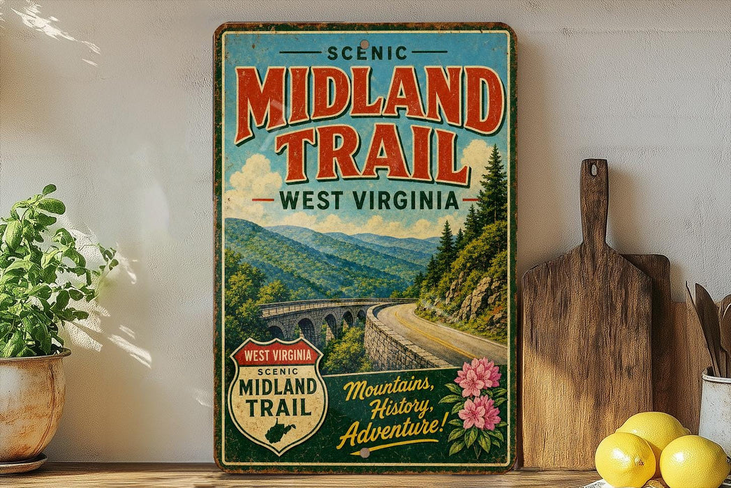 a vintage-style sign for the "Midland Trail" in West Virginia, with a scenic mountain landscape and a bridge in the background.