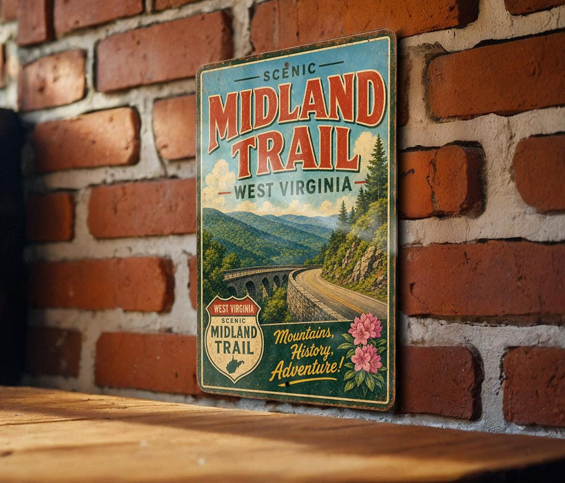 A vintage-style metal sign for the "Midland Trail" in West Virginia, featuring a scenic mountain landscape with a bridge and flowers.