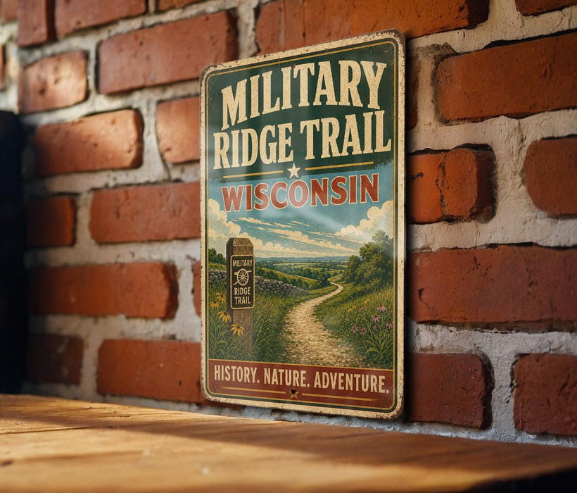 A vintage metal sign for the "MILITARY RIDGE TRAIL" in Wisconsin, featuring a scenic countryside landscape with a winding path and a signpost.