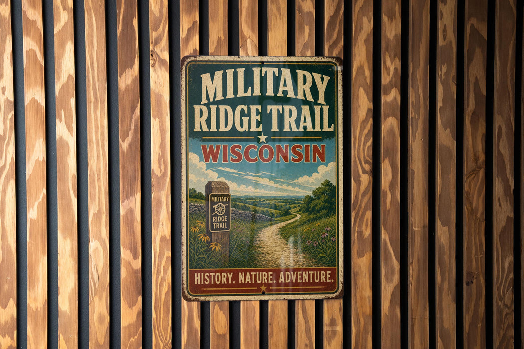 A vintage metal sign for the "MILITARY RIDGE TRAIL" in Wisconsin, featuring a scenic landscape with a winding path and a signpost.