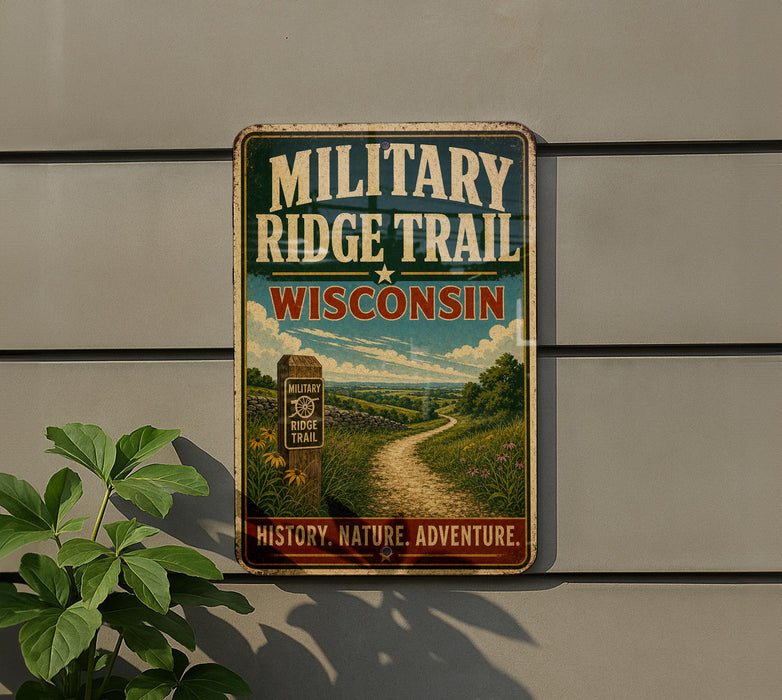 A vintage metal sign for the "MILITARY RIDGE TRAIL" in Wisconsin, featuring a scenic landscape with a dirt path and a signpost.