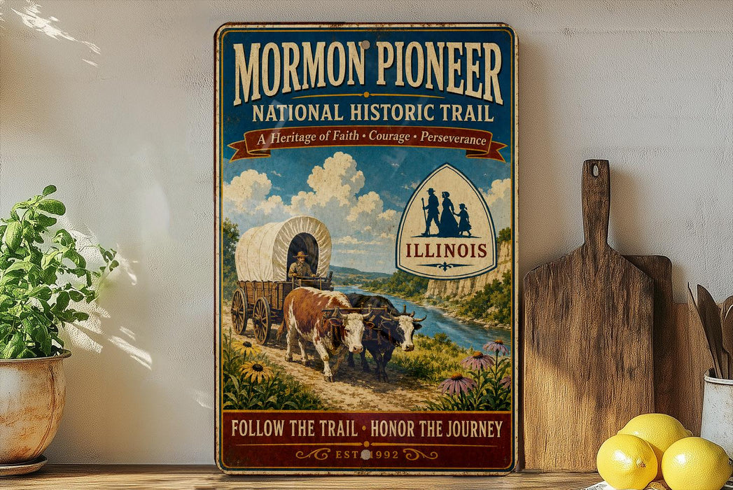 A vintage-style sign for the Mormon Pioneer National Historic Trail, featuring an illustration of a wagon train traveling through a scenic landscape with a river and mountains in the background.