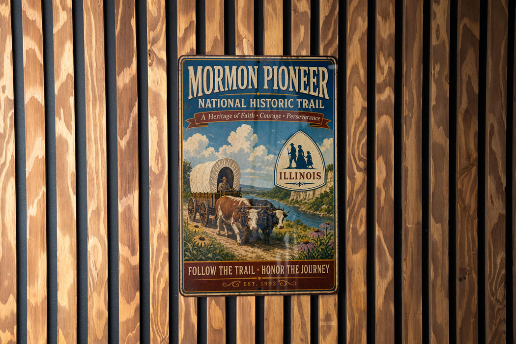 A vintage-style metal sign for the Mormon Pioneer National Historic Trail, featuring an illustration of a covered wagon and a scenic landscape.