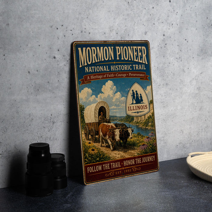 A vintage-style metal sign for the Mormon Pioneer National Historic Trail in Illinois, featuring an illustration of a covered wagon and a scenic landscape.