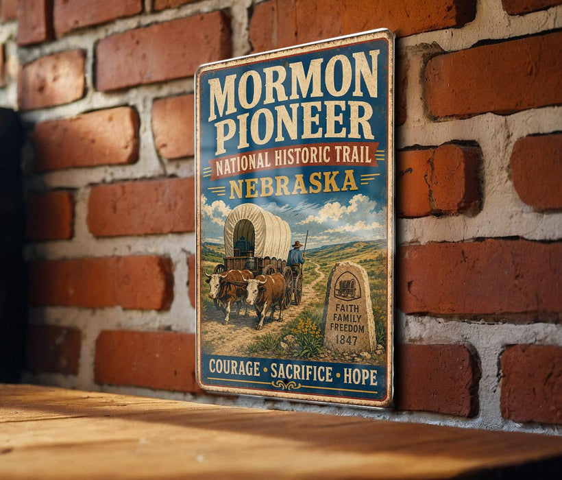 A vintage-style metal sign for the Mormon Pioneer National Historic Trail in Nebraska, featuring an illustration of a wagon train and a monument.