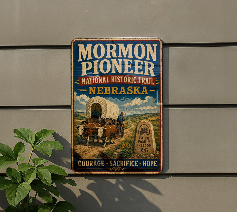 A vintage-style metal sign for the Mormon Pioneer National Historic Trail in Nebraska, featuring an illustration of a covered wagon and a monument with the words "Faith Freedom 1847".
