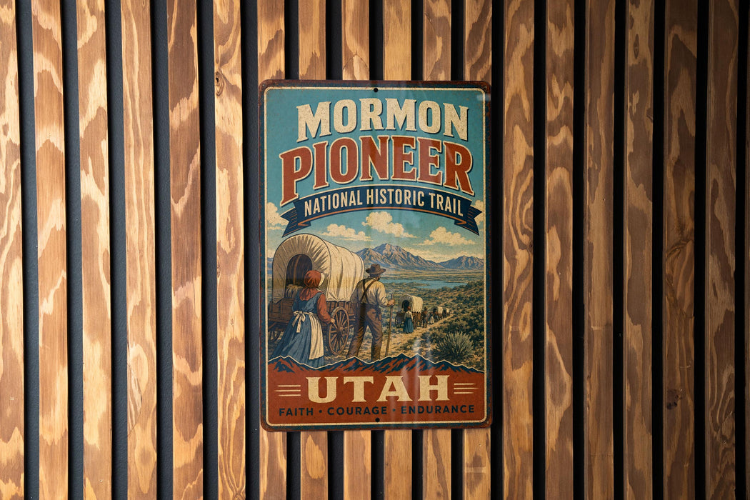A vintage-style metal sign for the Mormon Pioneer National Historic Trail in Utah, featuring an illustration of a wagon and a couple of people.