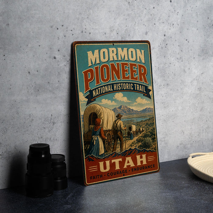 A vintage-style metal sign for the Mormon Pioneer National Historic Trail in Utah, featuring an illustration of a wagon train and a woman in historical clothing.