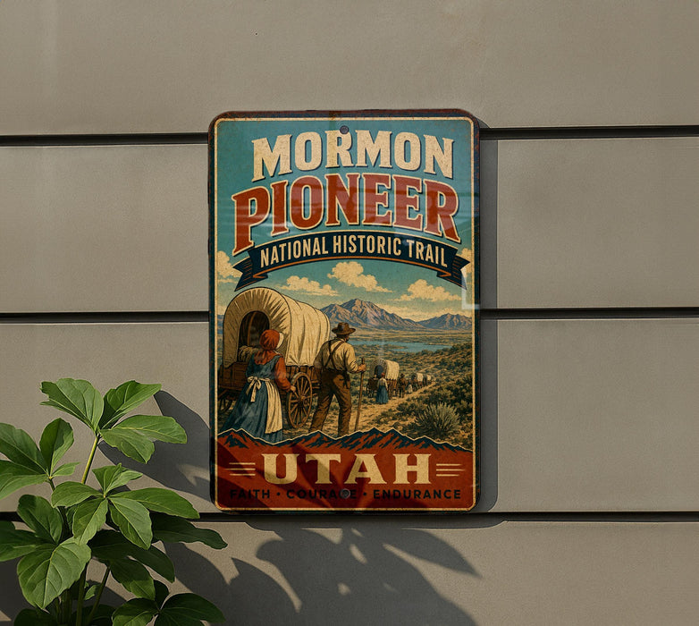 A vintage-style sign for the Mormon Pioneer National Historic Trail in Utah, featuring a wagon and a couple of people in a historical setting.