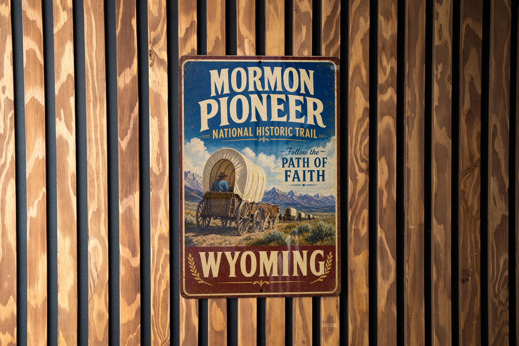A vintage-style metal sign for the Mormon Pioneer National Historic Trail in Wyoming, featuring an illustration of a covered wagon and the text "Follow the path of faith".