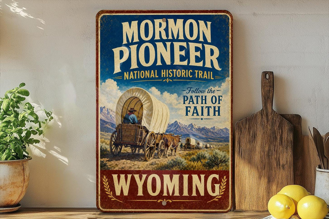 A vintage-style sign for the Mormon Pioneer National Historic Trail in Wyoming, featuring an illustration of a wagon train traveling through the state.