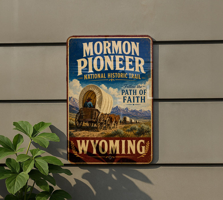 A vintage-style sign for the Mormon Pioneer National Historic Trail in Wyoming, featuring a wagon train and the text "Follow the path of faith" and "Wyoming".