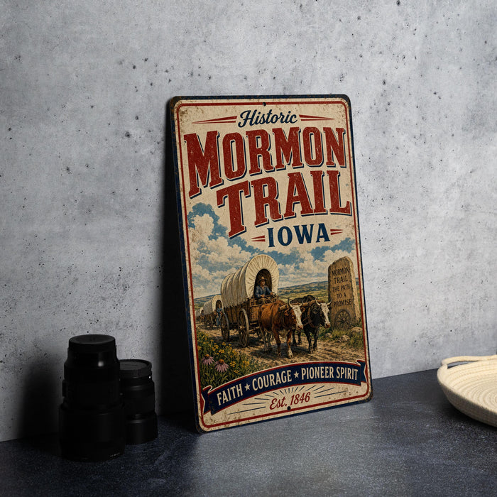 A vintage-style metal sign for the "Historic Mormon Trail Iowa" with an illustration of a wagon train and a sign that says "Faith + Courage + Pioneer Spirit".