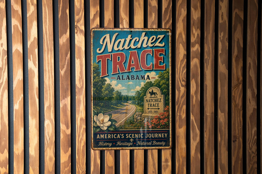 A vintage metal sign for Natchez Trace, a scenic journey in Alabama, is displayed on a wooden wall.
