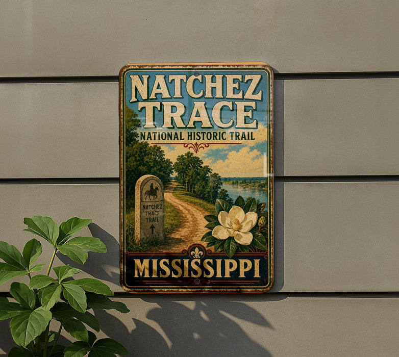 A vintage-style metal sign for the Natchez Trace National Historic Trail, featuring a scenic illustration of a trail surrounded by nature and a prominent white flower.