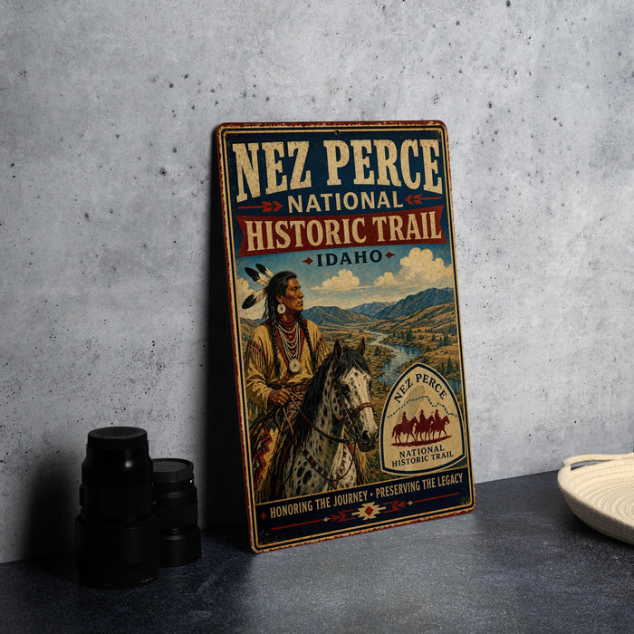 A vintage-style metal sign for Nez Perce National Historic Trail in Idaho, featuring an illustration of a Native American man riding a horse.