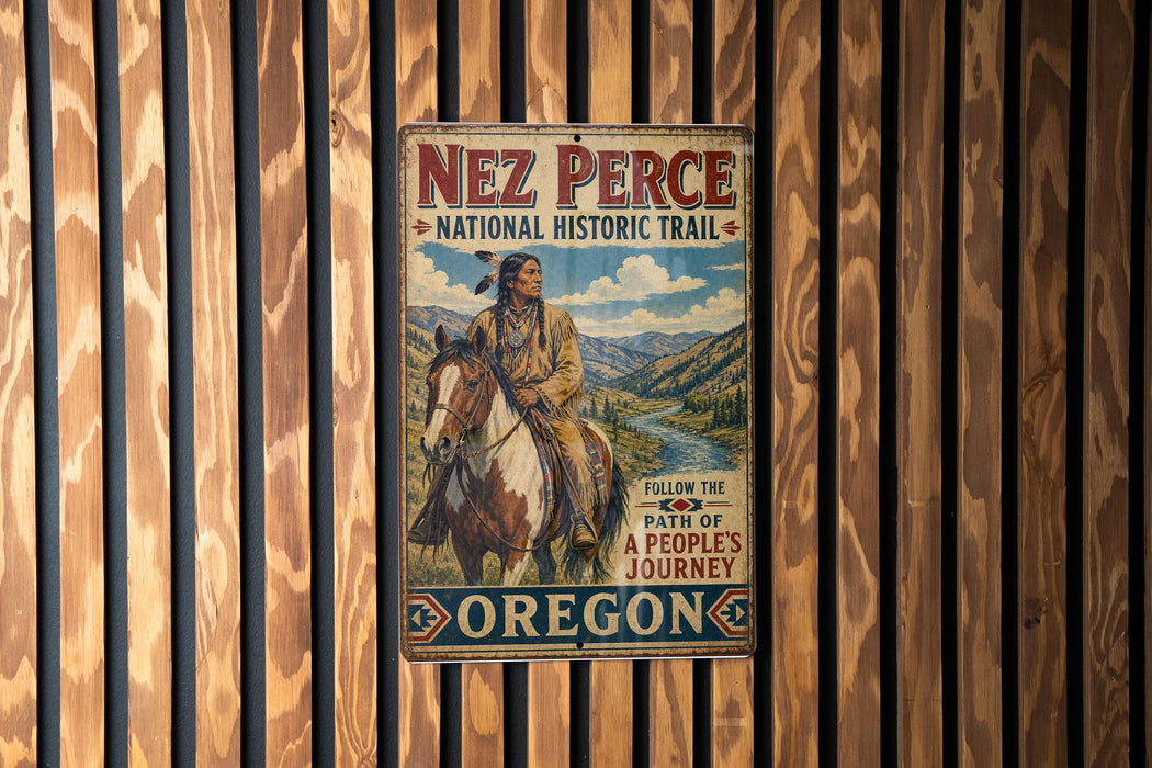A vintage metal sign for Nez Perce National Historic Trail, featuring an illustration of a Native American man riding a horse.