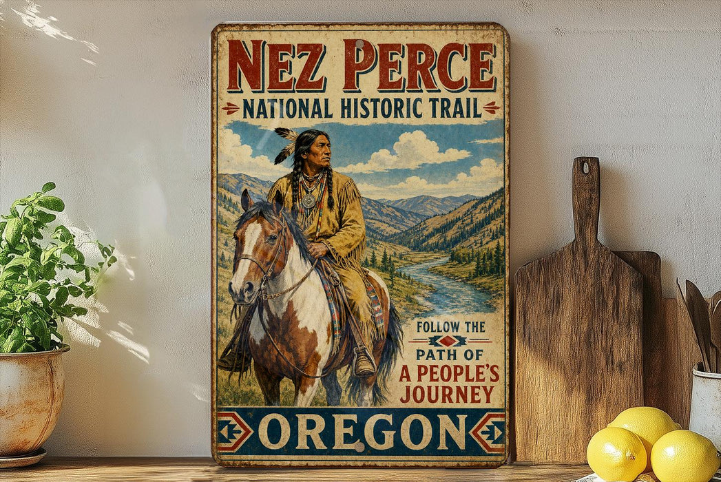 a vintage-style poster of a Native American man riding a horse, with the text "NEZ PERCE NATIONAL HISTORIC TRAIL" and "FOLLOW THE PATH OF A PEOPLE'S JOURNEY OREGON" displayed prominently.