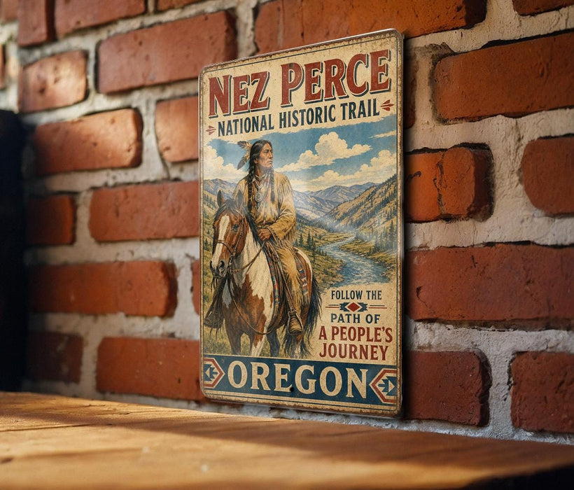 a vintage-style metal sign with a picture of a Native American man riding a horse, mounted on a brick wall.