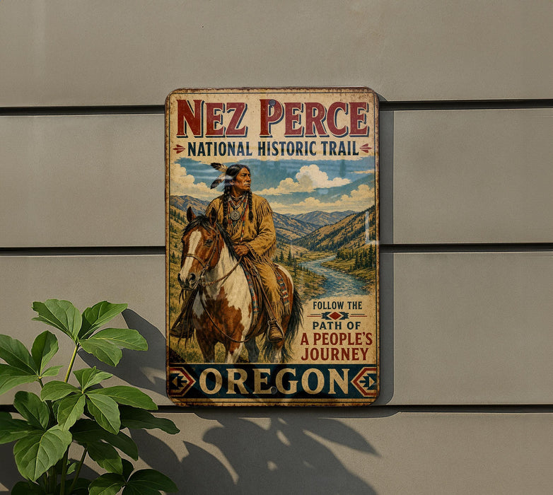 a vintage-style metal sign with a Native American figure riding a horse, mounted on a wall.