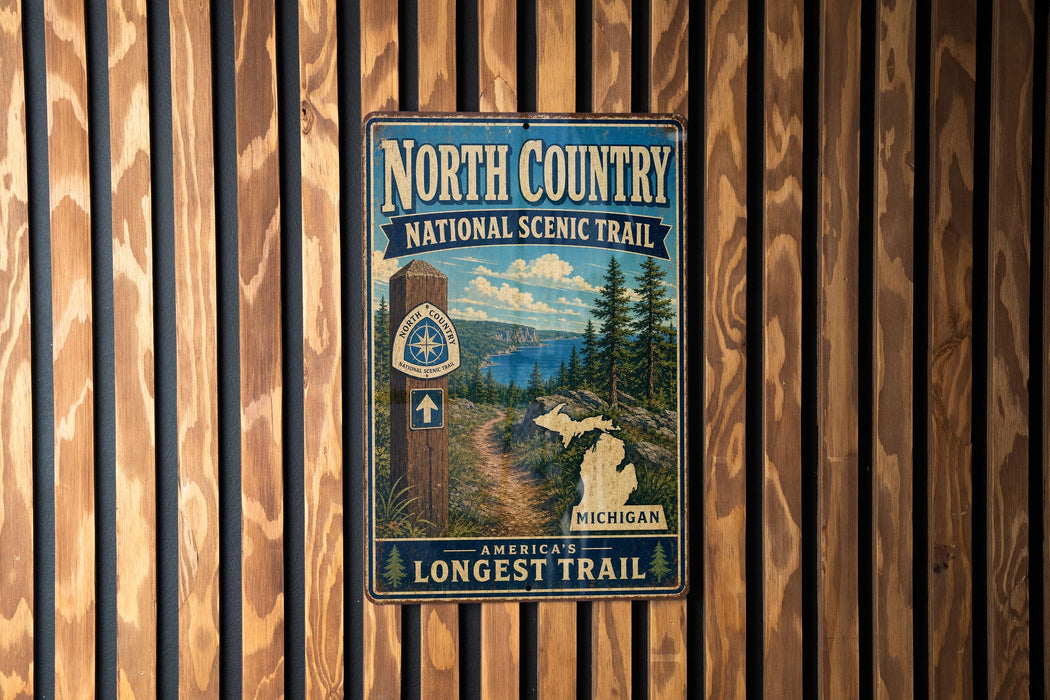 A metal sign for the North Country National Scenic Trail, featuring a scenic image of a forest and a lake.