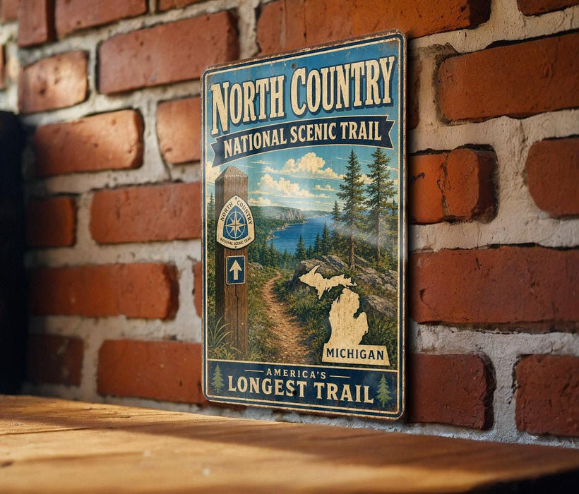 A vintage-style metal sign for the North Country National Scenic Trail, featuring a scenic illustration of a forest and a lake.
