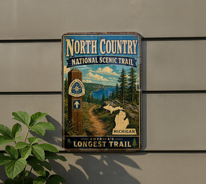 a vintage-style metal sign for the North Country National Scenic Trail, mounted on a wall next to a plant.