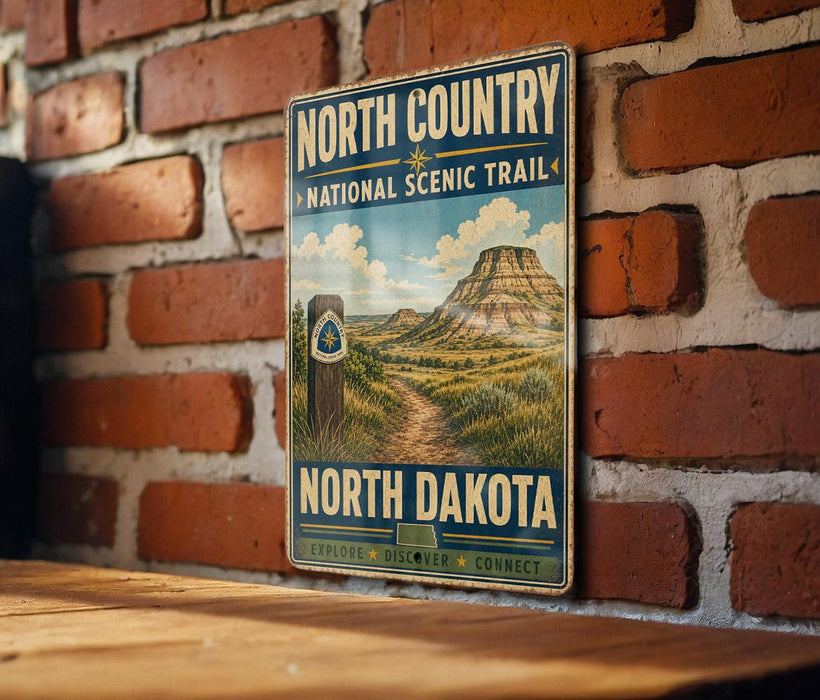 A vintage metal sign for the North Country Scenic Trail in North Dakota, featuring a mountain landscape and a trail marker.