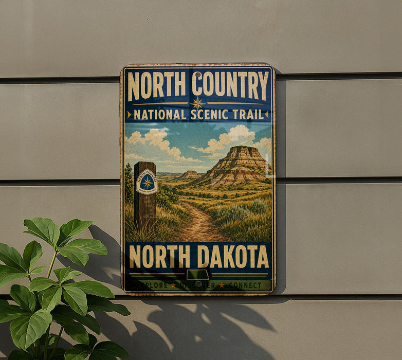 a vintage-style sign for the North Country National Scenic Trail in North Dakota, with a mountain landscape and trail marker in the background.