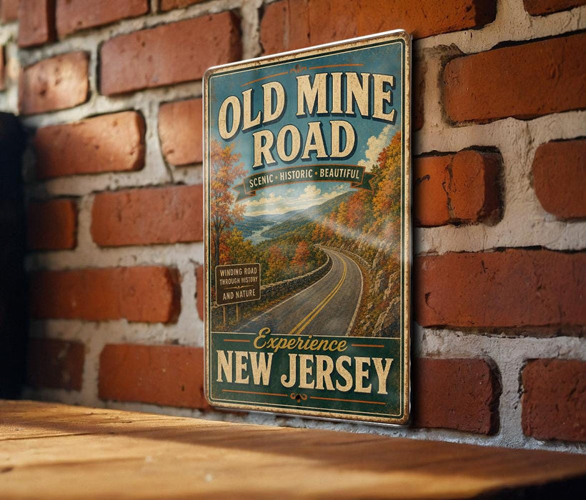 A vintage-style metal sign with the text "OLD MINER Road" and "EXPERIENCE NEW JERSEY" is displayed on a brick wall.