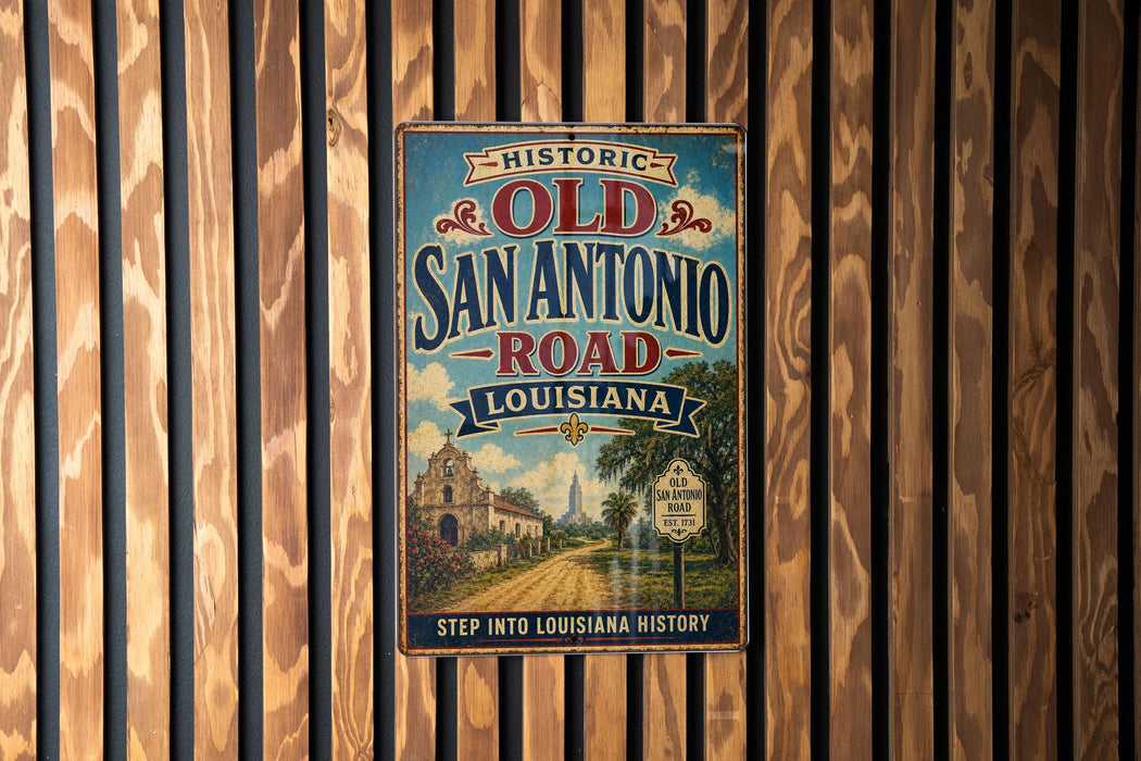 A vintage-style metal sign that reads "HISTORIC OLD SAN ANTONIO ROAD LOUISIANA" is displayed on a wooden wall.