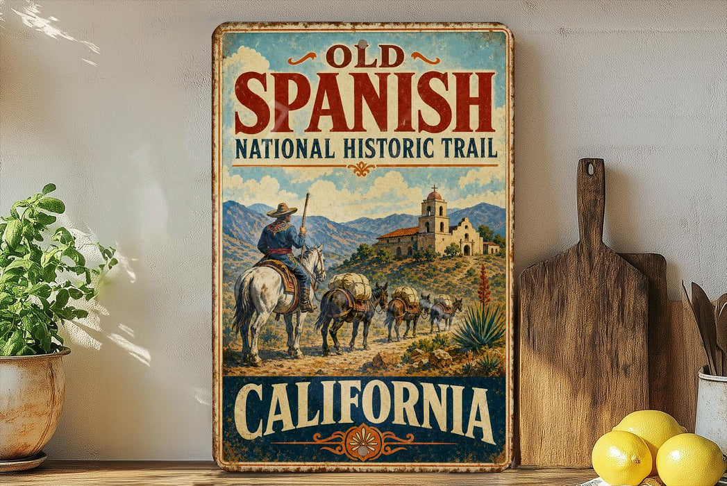 A vintage-style metal sign for the Old Spanish National Historic Trail in California, featuring a cowboy on horseback and a scenic landscape.