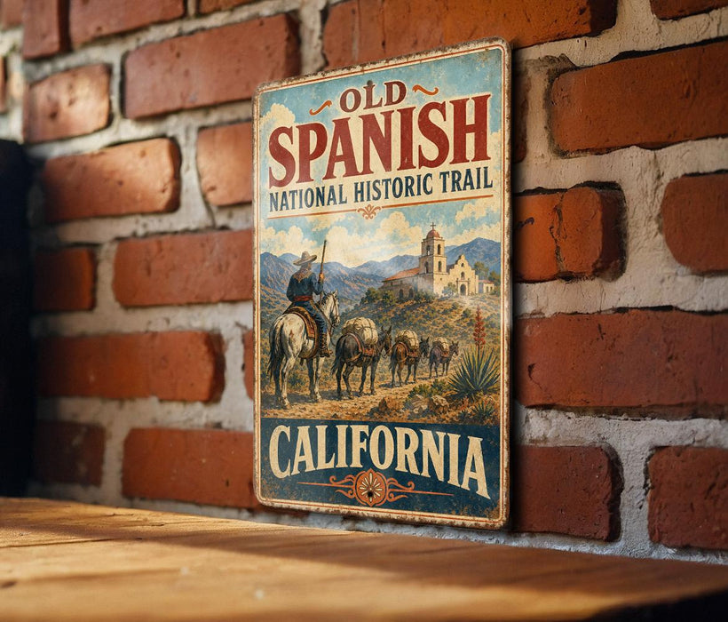 A vintage metal sign for the Old Spanish National Historic Trail in California, featuring an illustration of a cowboy on a horse and a desert landscape.