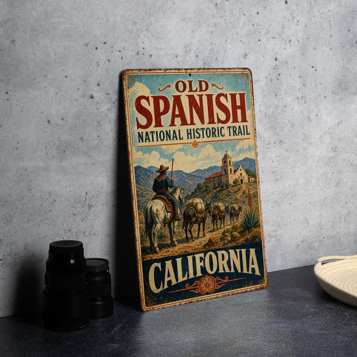 A vintage-style sign for the Old Spanish National Historic Trail in California, featuring an illustration of a cowboy on a horse and a desert landscape.