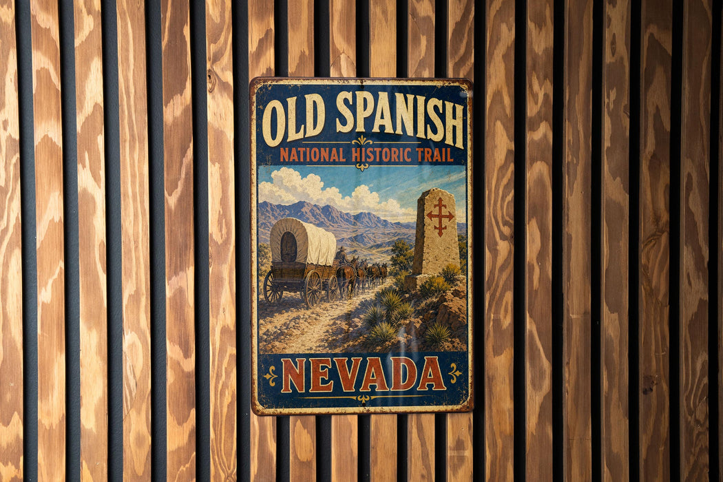 A vintage-style metal sign for the Old Spanish National Historic Trail in Nevada, featuring a wagon train and a cross on a dirt road.