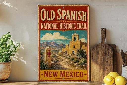 a vintage-style sign for the Old Spanish National Historic Trail in New Mexico, with a desert landscape and a church in the background.