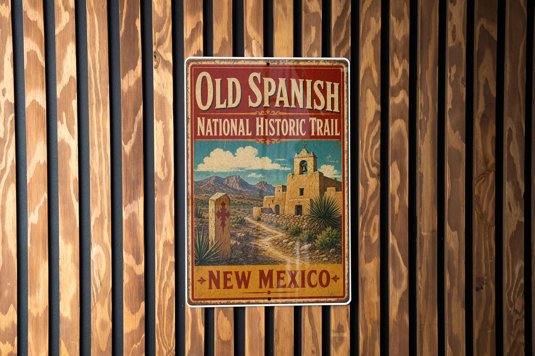 A vintage-style sign for the "Old Spanish National Historic Trail" in New Mexico, featuring a desert landscape with a church and mountains in the background.
