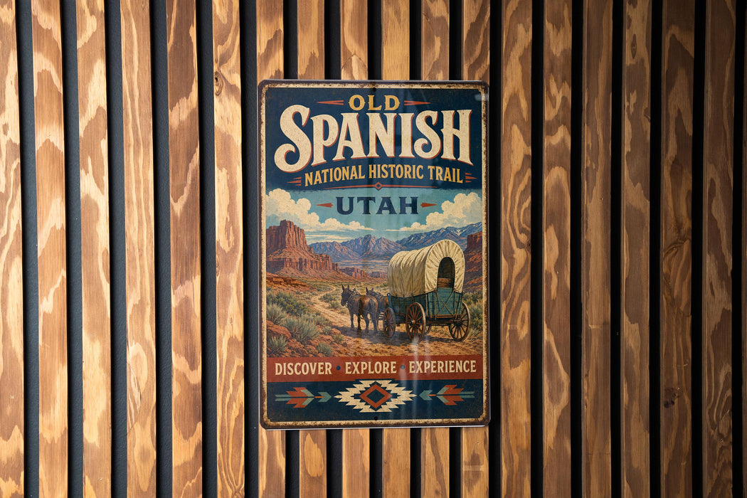 a vintage-style metal sign with a wagon and horses, mounted on a wooden wall.