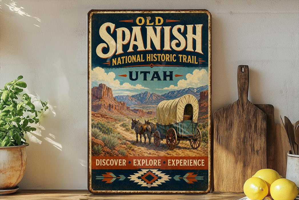 a vintage-style metal sign with a wagon and horses, advertising the Old Spanish National Historic Trail in Utah.