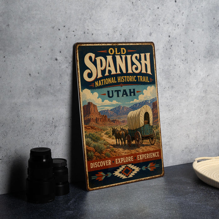A vintage-style metal sign advertising the Old Spanish National Historic Trail in Utah, featuring an illustration of a covered wagon and mountains in the background.