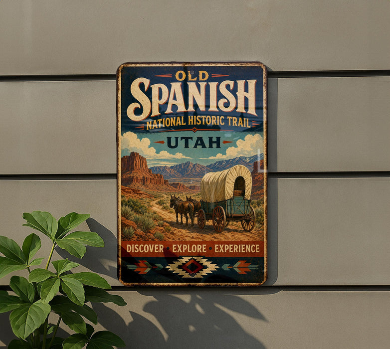 a vintage-style metal sign with a wagon and mountains in the background, mounted on a wall.