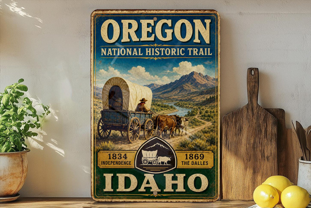 A vintage-style sign for the Oregon National Historic Trail, featuring a wagon pulled by a cow, with mountains and a river in the background.