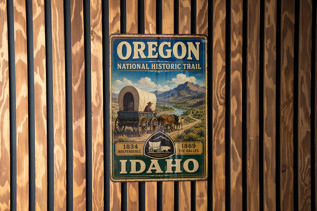 A vintage-style metal sign for the Oregon National Historic Trail in Idaho, featuring a wagon and a scenic landscape.