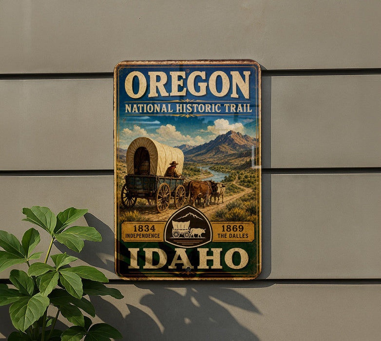 A vintage-style metal sign for the Oregon National Historic Trail, featuring a wagon traveling through a scenic landscape with mountains in the background.